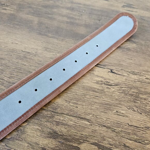 Leather Brown Camel Wide Gold Buckle Classic Minimalist Statement Belt L/XL - Picture 7 of 7